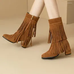 Boots Faux Suede Brown Red Mid-calf Western Women With Fringes Tassels Cowboy Winter Shoes Block High Heels Big Size 49 50 51 52