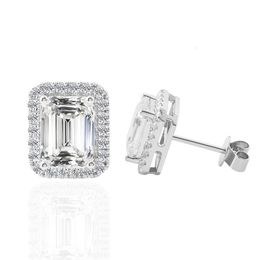 4Ctw Big Size Emerald Cut Colourless White Moissanite Stud Earrings With Halo Dainty Gold Jewellery