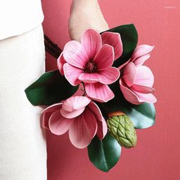 Decorative Flowers Pink Magnolia Bouquet Flower EVA Foam Real Touch Orchid Leaf Office Party Wedding Home Table Decoration Centrepiece