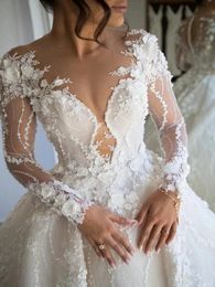 Vintage Floral Arabic Wedding Dresses 2024 Long Sleeves 3D Flower Lace Illusion Bridal Gowns Court Train Vestido De Novia Custom Made