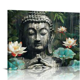 Buddha Statue Decor Wall Art with Gold Foil Canvas Painting Lotus Flower Buddha Head Picture Green Zen Art Artwork for Bathroom Bedroom Walls