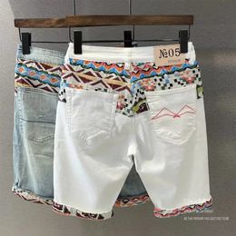 Summer Denim Shorts Mens Stitching Embroidery Ripped Knee-length Shorts White 2024 Korean Fashion High Quality Jeans 240530