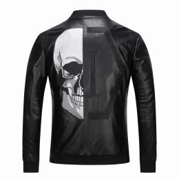 Fur Men's Leather Fur Jacket with Skull Embroidery, Baseball Collar, Warm Coat for Motorcycle and Casual Wear