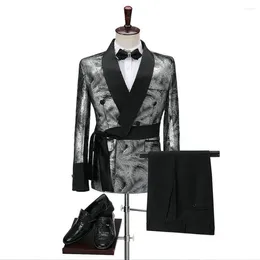 Men's Suits Jacket Pants With Belt Double Breasted Shiny Silver Formal Party Blazer Sets 2 Piece Wedding Suit Outfits