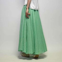 Designer's New Summer Art Loose Size Cotton and Hemp Half Skirt Elastic Waist A-line Long Skirt Solid Colour Pleated Large hem Skirt1J63