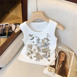 Women's Tanks Butterfly Embroidery Ice Silk Knitted Vest Women Vintage O-neck Sleeveless Sweater Vests Summer Knitwear Tank Tops Tees Jumper