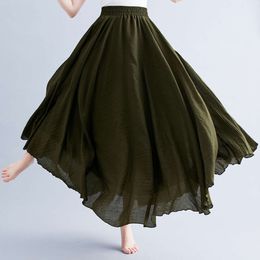 Designer's New Summer Art Loose Size Cotton and Hemp Half Skirt Elastic Waist A-line Long Skirt Solid Colour Pleated Large hem Skirt6YFC