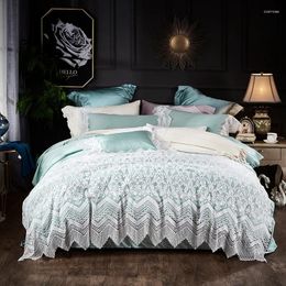 Bedding Sets Light Green Blue Grey Luxury White Lace Embroidery Egyptian Cotton Princess Girl Set Duvet Cover Bed Sheet Pillowcases