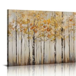 Abstract Birch Forest Picture Decor Wall Art Birch Tree Landscape Print on Canvas with Gold for Gray Living Room Office Wood Framed
