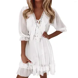 Party Dresses Women Summer Chiffon Dress White Vestidos Short Sleeve Elegant Holiday Ruffles Beach Boho Casual Loose Sundress