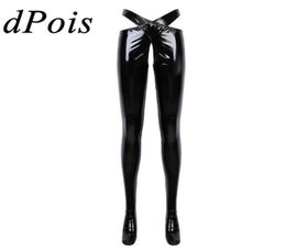 Womens Wetlook Patent Leather Crotchless Sexy Lingerie Open Crotch Trousers Erotic Pants With Waistband Night Roleplay Nightwear W2447553