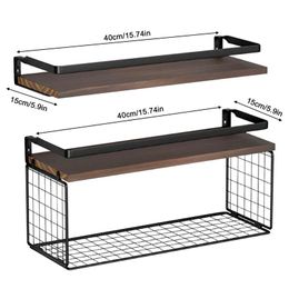 2pcs Floating Shelves with Wire Storage Basket Bathroom Shelves Over Toilet with Protective Metal Guardrail Wood Wall Shelves