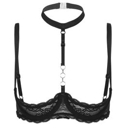 Sexy Womens 14 Cups Underwire Bra Halter Neck O Ring Sheer Lace Push Up Brassiere Lingerie Open Nipple Breast Exposed Underwear 240529