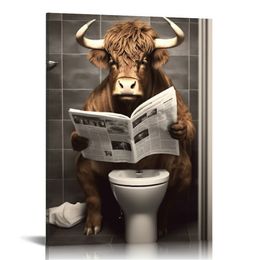 Wall Art Cow Bathroom Funny Highland Cow Reading A Newspaper on The Toilet Picture Wall Decor Animal Bathroom Canvas Painting Print Artwork