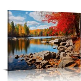 S72681 Canvas Wall Art Canvas Artwork Lake Mountain Red Maple Leaf National Park Nature Pictures for Living Room Bedroom Office Wall Decor Home Decoration
