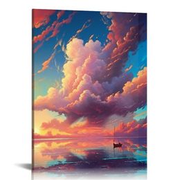 Colourful canvas wall art, Oversized White Clouds,Bedroom wall decor poster, living room wall art sky view bathroom decor wall art gifts for girls and ladies