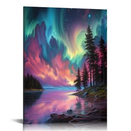 Trees by the Lake with Blue and Pink Northen Lights Night Sky PRINT or CANVAS WALL ART - Aurora Borealis Mountains Landscape Home Decor