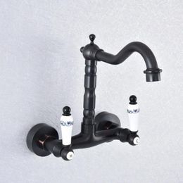 Kitchen Faucets Black Oil Rubbed Brass Dual Handle Double Hole Wall Mount Wash Basin Faucet Swivel Spout Bathroom Sink Mixer Tap Dsf758