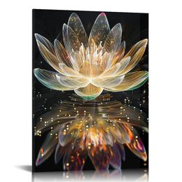 Zen Canvas Wall Art, Light Surround Lotus Poster Print Relaxing Meditation Painting Picture for Bathroom Spa Room Decor