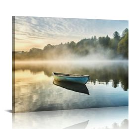 Lake Landscape Wall Art Canvas: Modern Nature Picture Painting Relaxing Boat Scene Photography Sunrise Print Artwork Decor for Bedroom Living Room