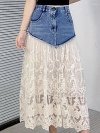 Skirts Vefadisa 2024 Summer Black White Women Half Skirt Denim Patchwork Lace Elegant Large Hem Mid Length HLX317