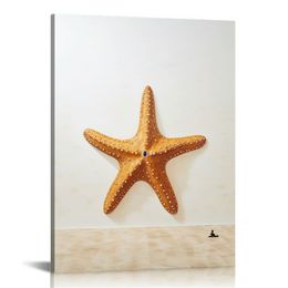 Starfish Canvas Wall Art Fish Seaweed Conch Painting Print Beach Theme Vintage Wood Background Poster for Bathroom Living Room Bedroom Office Wall Decor