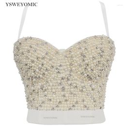 Women's Tanks 2024 Drop Sexy Women Pearl Rhinestones Crop Top Push Up Corset Tank Beaded Backless White Tops Brallet