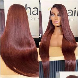 Synthetic Wigs Reddish Brown Lace Front Human Hair Pre Plucked Dark Red Bone Straight 13X4 13X6 Hd Frontal Wig On Sale Clearance Drop Dhebk