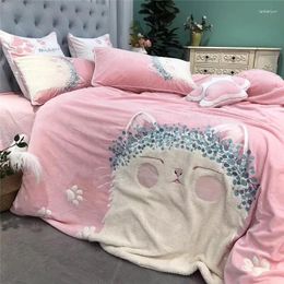 Bedding Sets Lovely Cartoon Applique Embroidery Pink Girl Child Flannel Set Soft Fleece Fabric Duvet Cover Bed Linen/Sheet Pillowcase