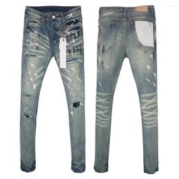Men's Jeans Top Quality Purple Men 2024ss American High Street Retro Yellow Mud Beggar Hole Slim