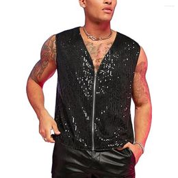 Men's Tank Tops Fashion Cardigan Sequined Shirt Disco Regular Sleeveless Slight Stretch Solid Color V Neck Party