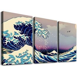 Great Wave of Kanagawa Katsushika Hokusai Modern Gallery Wrapped Giclee Canvas Prints Abstract Seascape Sea Artwork on Canvas Wall Art for Home Decor 12''x16''X3 Panels