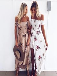 Boho Style Long Dress Plus Size S5XL Women Off Shoulder Beach Summer Lady Dresses Floral Print Vintage Chiffon White Maxi Dress V6070194