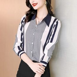 Women Clothing Blue White Stripes Chiffon Blouse Female Top Summer Thin Elegant Office Work Fashion Shirts 240530