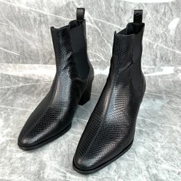 Snakeskin Western Style Chelsea Boots Men Pointed Toe Handmade Vintage Shoes Men Genuine Leather Short Boots Fashion Mens Shoes 240509