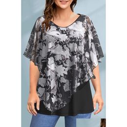 Womens Plus Size T-Shirt Chiffon T Shirt For Summer Double Layer Floral Print Vintage Asymmetric Hem Short Sleeve V-Neck Tee Top 240 Otuuq