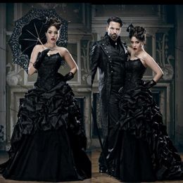 Vestidos de noiva gótico preto vintage plus size sweetheart rendem de corda de corda vampiros vitorianos punk malvado vestido de noiva 207r