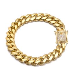 12mm Cuban Rapper Bangle Chain Hip hop Jewelry Gold Silver Stainles Steel Cubic Zircon Clasp Mens Miami Chain Bracelet 7 8 9 inch 228R