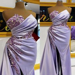 2023 Arabo Aso Ebi Mermaid Lavender Lavender Dresss Appliques in pizzo perle perle Abiti da concorso Formale Formale con fessura divisa 0530