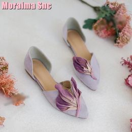 Casual Shoes Flower Decor Pointed Toe Flat Shallow Genuine Leather Elegant Designer Women Sandals Summer Fashion Vintage Style