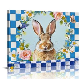 Easter Rabbit Wall Art For Living Room/Bedroom, Canvas Bathroom Decor Wall Art Kitchen Office Framed Wood Picture, Easter Eggs Colourful Spring Botanical Plaid