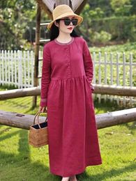 Casual Dresses Cotton Linen Red Vintage For Women 2024 Spring Autumn Long Sleeve Fashion Elegant Dress Office Lady Work Clothing