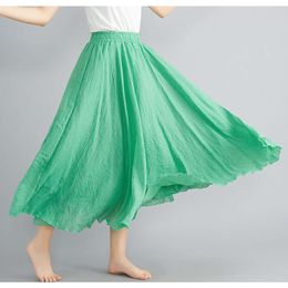Designer's New Summer Art Loose Size Cotton and Hemp Half Skirt Elastic Waist A-line Long Skirt Solid Colour Pleated Large hem SkirtUQIU