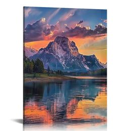 Grand Teton Canvas Wall Art National Park Scenery Photo Poster Framed Art Prints Mountain River Pictures Wall Decor Sunset Clouds Artwork for Bedroom