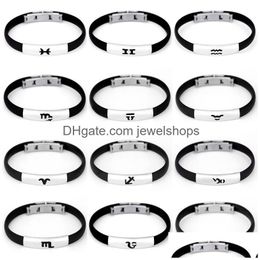 Charm Bracelets 12 Constellations Stainless Steel Cuff Men Black Rubber Chain Wristband Bangles Zodiac Design Jewelry For Couple Love Dhkua