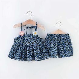 Clothing Sets Baby Girl 2-Piece Summer Toddler Cute Flower Strap Dress Top+Shorts Sweet And Cool Vacation Beach Set H240530 C6V0