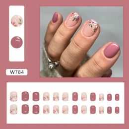 24pcs Short Round False Nails French Flowers Glitter Slices Leopard Full Cover Detachable French Nail Tips