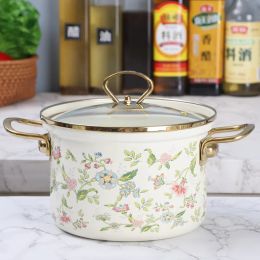 Enamel Soup Pot Thickened Heightening Stew Pot Pastoral Large Capacity 5L Enamel Pan with Floral Cooking Pot Kitchen Accessories