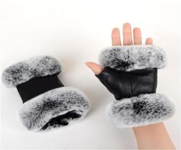 Outdoor autumn and winter women039s sheepskin gloves Rex rabbit fur mouth halfcut computer typing foreign trade leather clothi4245185