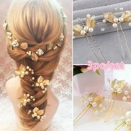 Hair Clips 3pcs U-shaped Pearl Hairpin Golden Leaf Side Pin Fashion Party Girls Crystal Hairpins Fork Wedding Bride Jewellery